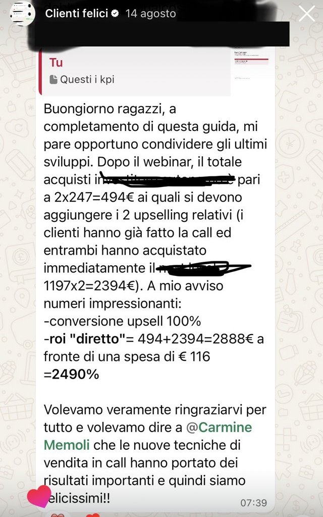 Messaggio di una cliente con i numeri del suo lancio, agosto